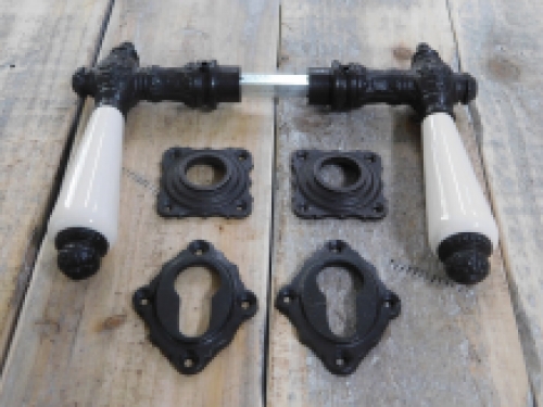Set Deurkrukken met handvat keramische in antiek wit, 2 knoppen, rozetten, 2-kasteel rozetten PZ, deur, ijzer bruin