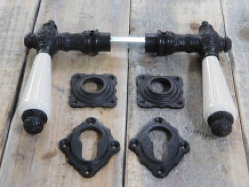 Set Deurkrukken met handvat keramische in antiek wit, 2 knoppen, rozetten, 2-kasteel rozetten PZ, deur, ijzer bruin