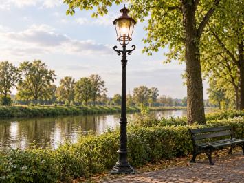 Garden lantern black, cast iron pole, with cupper shade, classic outdoor lamp