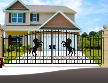 Beautiful black wrought iron gate – 547 cm wide – with rearing horse, LETSTE !!