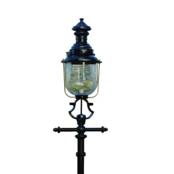 Unieke zware lantaarn paal, zwart, met grote lampenkop, nog 6 stuks!!