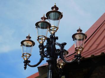 Laternenmast XXL mit 5 Kupfer-messing Kappen – ca. 425 cm – Schwarzes Aluminium mit Messing und Kupfer