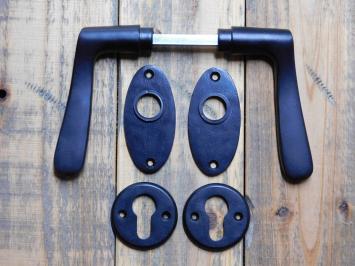 Set of door handles with oval handle rosettes + key rosettes PC - Matt black - Aluminium
