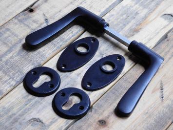 Set of door handles with oval handle rosettes + key rosettes PC - Matt black - Aluminium