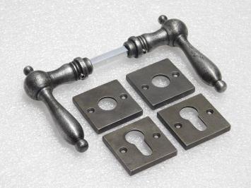 Cambridge Handle Set + Square Handle and Lock Rosettes - Galvanised Cast Iron