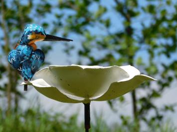 Tuinsteker Bloem met IJsvogel - Metaal - Witte Tuinbloem