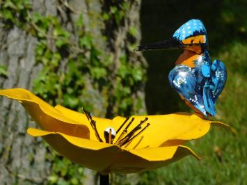Gartenstab Gelbe Blume mit Eisvogel - Metall