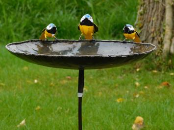 Bird bath with 3 Yellow Birds - Garden Stick - Metal